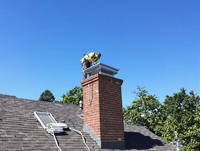 North Branford Chimney Sweep technician measuring a chimney cap in North Branford, CT