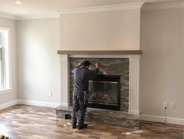 North Branford Chimney Sweep finishing a custom fireplace install in North Branford, CT